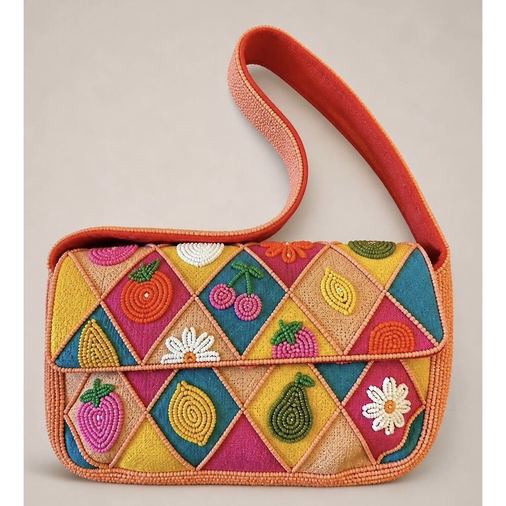 American & Beyond Viral Bright Fruit & Flower Patchwork Beaded Shoulder Bag New